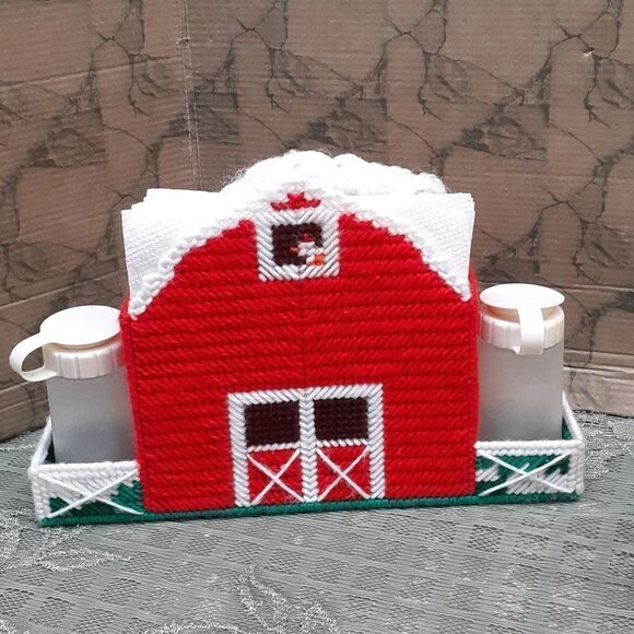 Vintage 2-pcHandmade Needlepoint plastic Canvas barn and 3D birdhouse collection - Picture 2 of 13